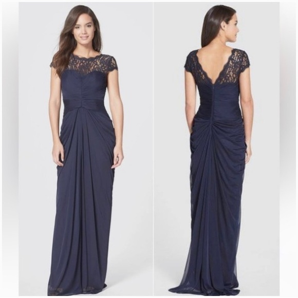 Adrianna Papell Ruched Laced Maxi 3/4 Sleeve Column Dress Navy Size 8 - Picture 1 of 7